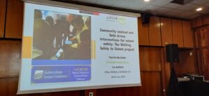 Presentation slide titled “Community-centred and Data-driven Interventions for School Safety: The Walking Safely to School Project,” delivered by ChildSafe South Africa at the 43rd Southern African Transport Conference.